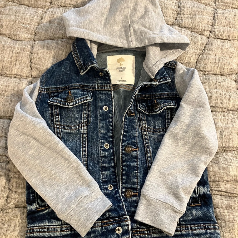 Tucker + Tate Blue Denim Jacket with Gray Hoodie Sleeves